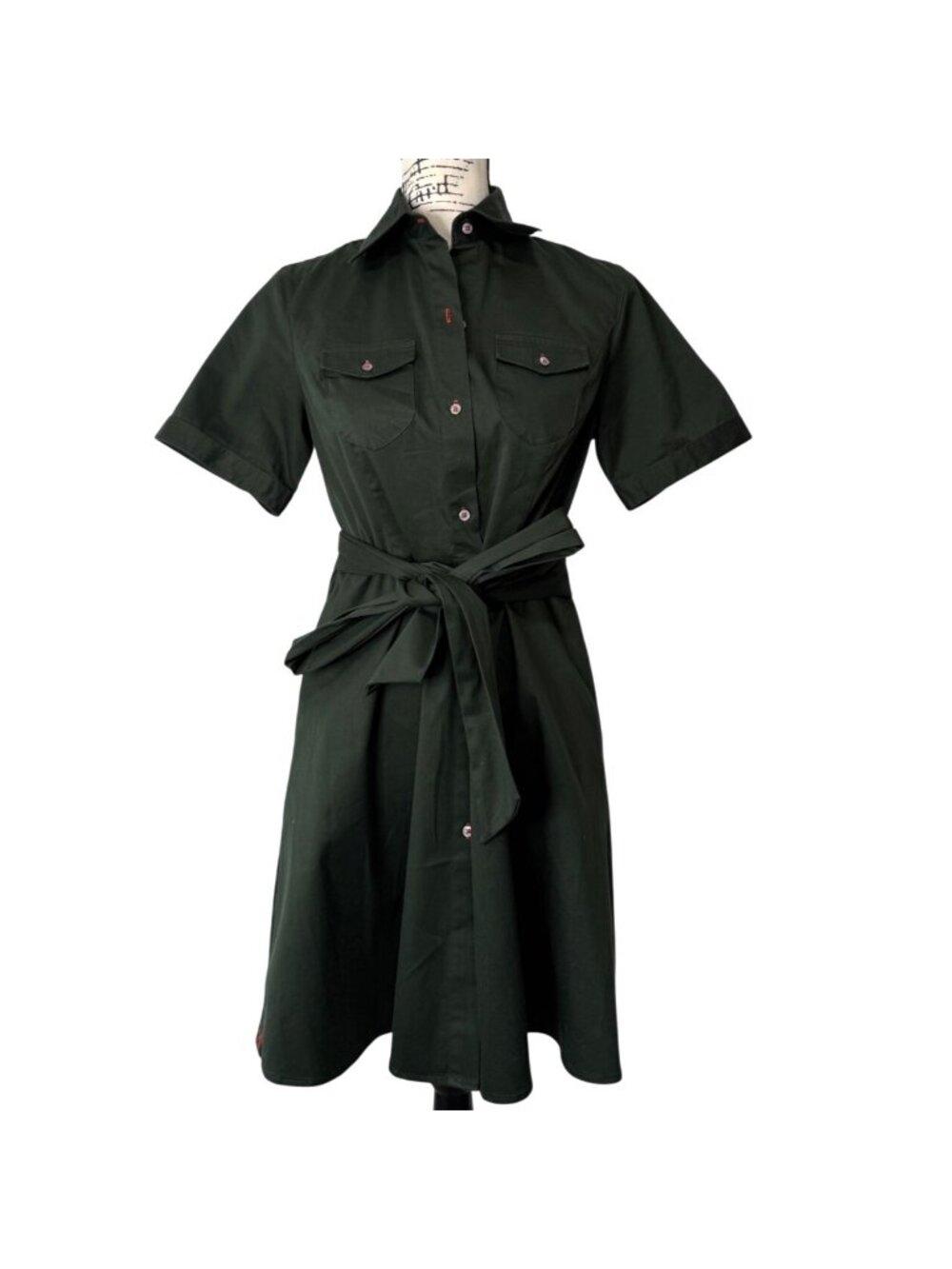 Double R Ravi Ratan Women Sz S Shirt Dress Green Belted Short Sleeve Button-Up